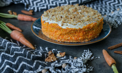 Delicious carrot cake with ingredients on abstract geometric minimalist background