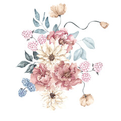 Watercolor bouquet with frosty flowers, leaves and berry, isolated on white background