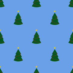 Seamless pattern with green christmas trees with lights on blue background. Abstract ,wrapping decoration. Merry Christmas holiday, Happy New Year