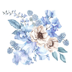 Watercolor bouquet with frosty flowers, leaves and berry, isolated on white background
