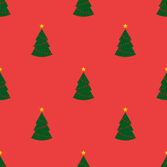 Seamless pattern with green christmas trees with lights on red background. Abstract ,wrapping decoration. Merry Christmas holiday, Happy New Year
