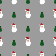 Seamless pattern with green christmas trees and Santa on gray background. Abstract ,wrapping decoration. Merry Christmas holiday, Happy New Year