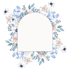 Watercolor frame with frosty winter flowers, leaves and berry, isolated on white background