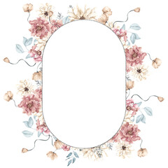 Watercolor frame with frosty winter flowers, leaves and berry, isolated on white background