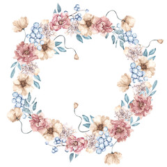 Watercolor frosty wreath with flowers, leaves and berry, isolated on white background, winter floral illustration