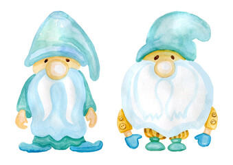 Watercolor illustration of cute christmas gnomes in hats isolated on the white background