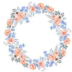 Watercolor frosty wreath with flowers, leaves and berry, isolated on white background, winter floral illustration