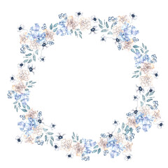 Watercolor frosty wreath with flowers, leaves and berry, isolated on white background, winter floral illustration