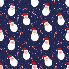 Seamless pattern with Santa Claus head and candy cane on blue background . Christmas background. snowy design. wrapping paper. New year wallpaper