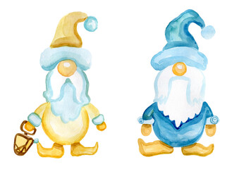 Watercolor illustration of cute christmas gnomes in hats isolated on the white background