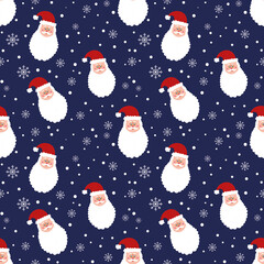 Seamless pattern with Santa Claus head and snowflakes on blue background . Christmas background. snowy design. wrapping paper. New year wallpaper