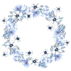 Watercolor frosty wreath with flowers, leaves and berry, isolated on white background, winter floral illustration