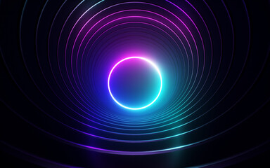 Glowing neon ring light in tunnel. 3d render. Futuristic abstract wallpaper. - obrazy, fototapety, plakaty