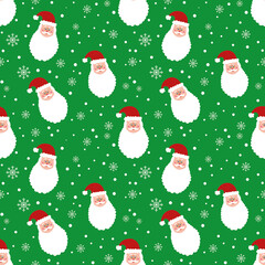 Seamless pattern with Santa Claus head and snowflakes on green background . Christmas background. snowy design. wrapping paper. New year wallpaper