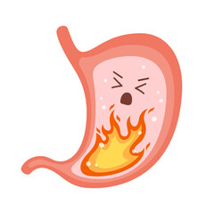 Human stomach on fire. Heartburn, gastritis and acid reflux, indigestion and stomach pain problems. Vector flat cartoon illustration on white background