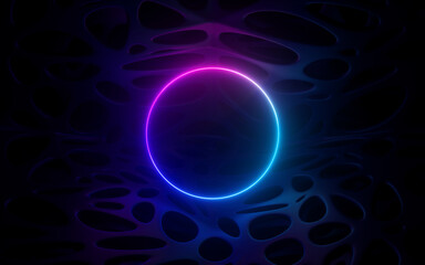 Glowing neon ring light in tunnel. 3d render. Futuristic abstract wallpaper.