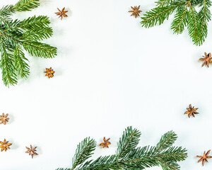 Christmas background decorated with Douglas fir branches and anise stars