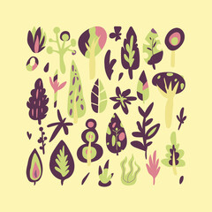 Vector illustration Card with trees, plants and leaves on yellow background