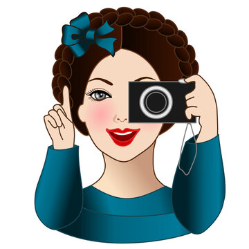emoji of a woman wearing an elegant silk blue dress taking a photo with a handheld camera, funny cartoon character, hand drawn vector emoticon 