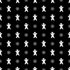 Fototapeta na wymiar Gingerbread white man cookie and snowflakes seamless pattern for christmas design on black background. Merry Christmas holiday, Happy New Year