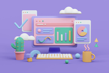 Workplace 3d render. Business and finance analytics theme. 