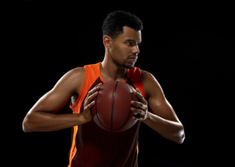 Ready. Young purposeful african-amrican basketball player training, practicing in action, motion...