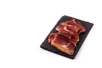 Dried and smoked meat slice isolated on white background	