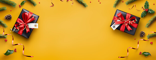 A festive yellow Christmas website banner background of presents, red ribbon, holly and pine branches and cones.