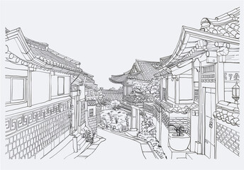 Illustration of Bukchon Hanok Village,the famous traditional Korean style architecture in Seoul, South Korea  - obrazy, fototapety, plakaty
