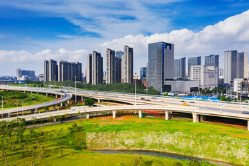 Highway and viaduct under the blue clouds