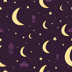 Obraz na płótnie Canvas Night pattern on dark violet background with moon and stars, islam gifring card, arabic ornament, seamless pattern for print or wallpaper