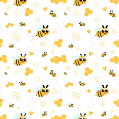 Childish yellow seamless pattern with cartoon character bee and honey, illustration for children fabric, baby shower or wallpaper, wrapping paper