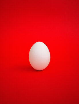 One white egg on a red background.