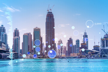 Skyscrapers of Dubai business downtown. International hub of trading and financial services of...