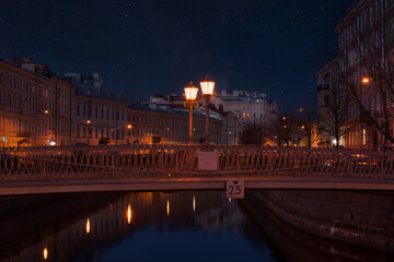 Night and lanterns: at the Lions' bridge, Saint Petersburg, Russia
