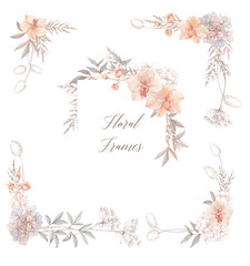Hand-drawn watercolor tender and romantic floral set. Frames with flowers and  different branches and leaves. Decorative arrangement for card or wedding invitation design.