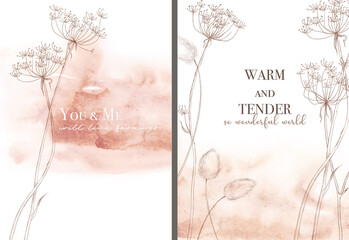 Hand drawn watercolor romantic cards with dry plants. Warm and tender. Greeting card template.