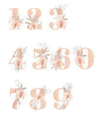 Hand drawn collection of the floral numbers with watercolor flowers.  Perfectly for wedding invitation, greeting card, logo, poster. Holiday decoration hand painting.