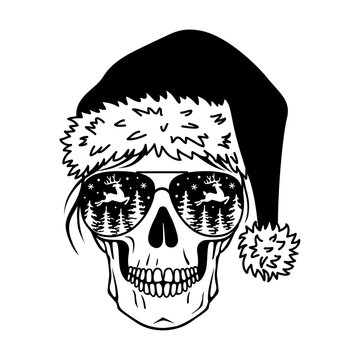 Christmas skull. Mom life skull. Female skull with glasses and santa hat isolated on white background. Bad Mrs santa. Festive sarcastic illustration with woman skull. Horror, evil silhouette.