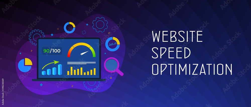 Fototapete Website Page Speed Optimization concept. Laptop with high values point accelerometer. Web site Loading Time image for digital internet SEO marketing. Header and footer banner vector template