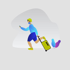 Vector illustration, a man wearing mask is running with a suitcase for a vacation, modern flat people character 