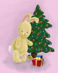 rabbit and christmas tree illustraition