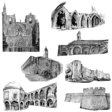 Hand drawn watercolor patteren illustration of old landmark