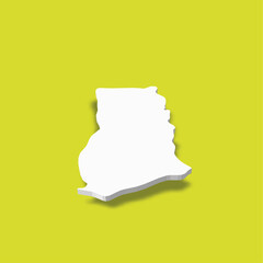 Ghana - white 3D silhouette map of country area with dropped shadow on green background. Simple flat vector illustration