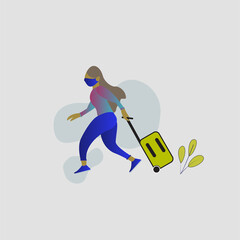 Vector illustration, a woman wearing a mask is running with a suitcase for a vacation, modern flat people character 
