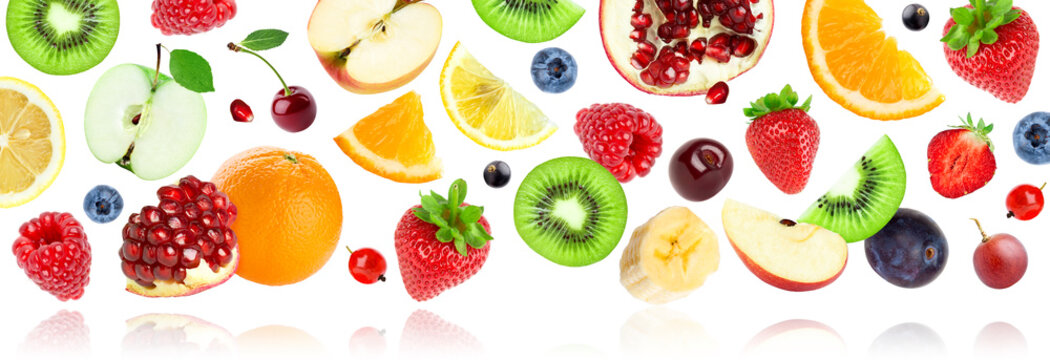 Fruits. Fruits falling on white background. Mixed fruits. Healthy food