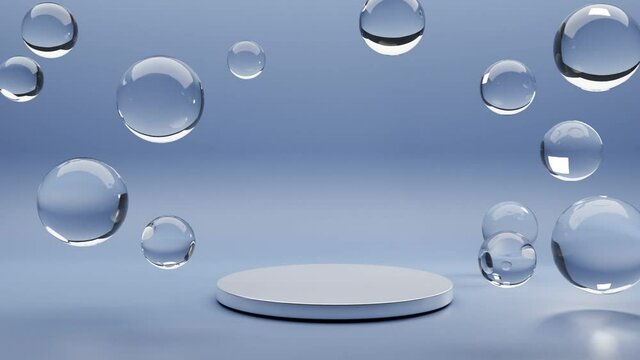 White round stage, pedestal or podium with underwater air bubbles. Water drops, glass balls or soap bubbles on blue background with an empty space for product advertising. Realistic 3D animation