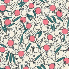 Seamless pattern. Pomegranate tree branches with fruit. Outlined vector illustration on light-colored background for surface design and other design projects