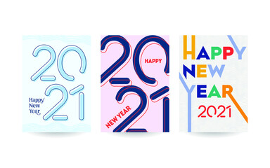 Creative concept of 2021 Happy New Year posters set. Design templates with typography logo 2021 for celebration and season decoration. Minimalist trendy backgrounds. Vector illustration