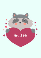 The raccoon holds the heart. Valentine's Day card. Vector graphics.